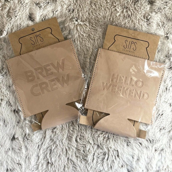 NIB Leather Can Coozies Set of 2 Hello Weekend Brew Crew Party Gifts Alcohol - Picture 1 of 4